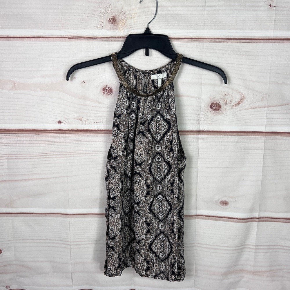 JOIE Top Womens XS Black Geometric Tank Silk Beaded Halter Neck Sleeveless Woven
